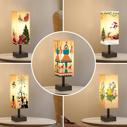 Wood-Grain Small Bedside Lamp for Bedroom - Square Cream Fabric Shade