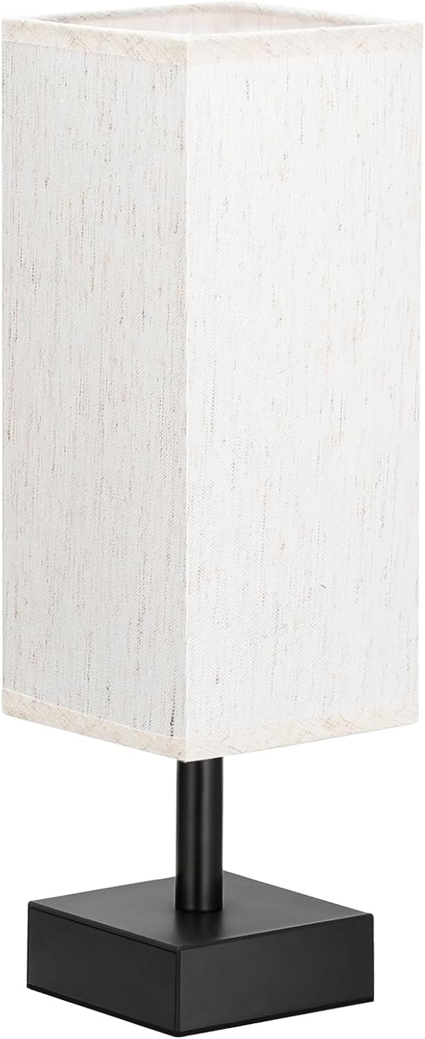 Wood-Grain Small Bedside Lamp for Bedroom - Square Cream Fabric Shade