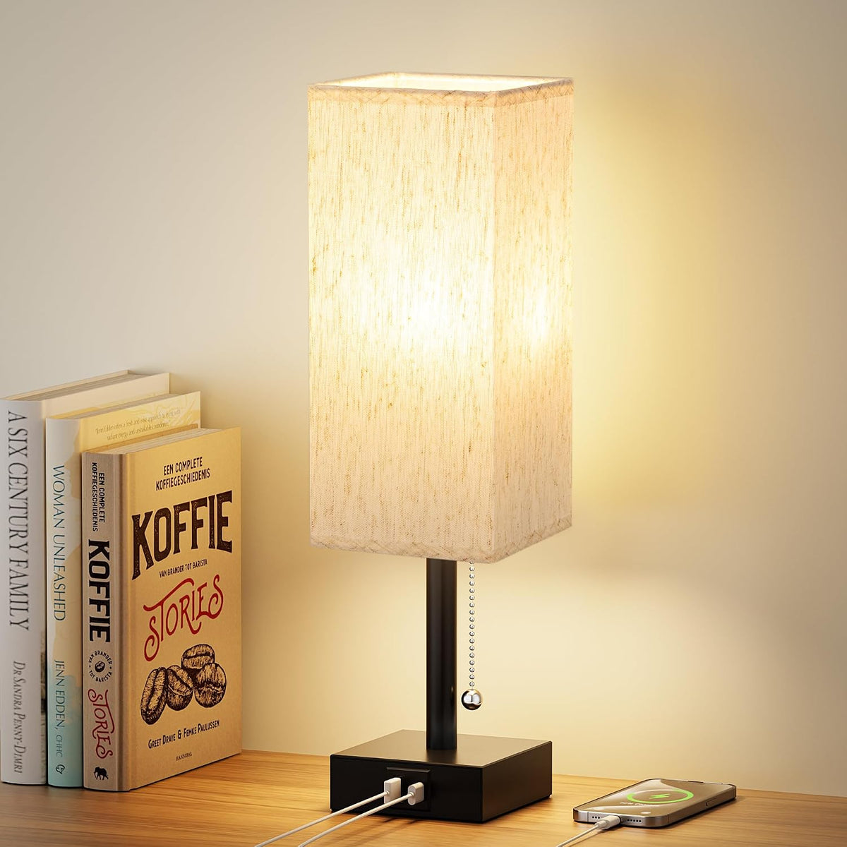 Wood-Grain Small Bedside Lamp for Bedroom - Square Cream Fabric Shade