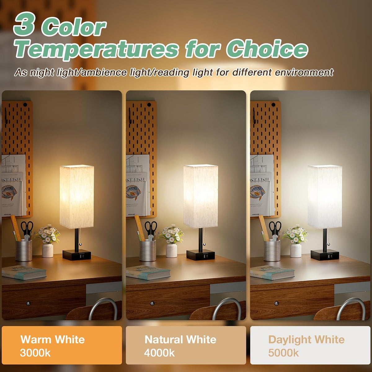 Wood-Grain Small Bedside Lamp for Bedroom - Square Cream Fabric Shade