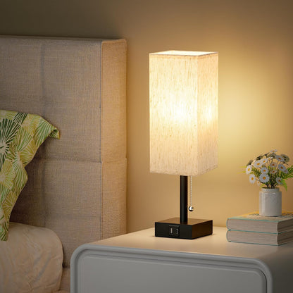 Wood-Grain Small Bedside Lamp for Bedroom - Square Cream Fabric Shade