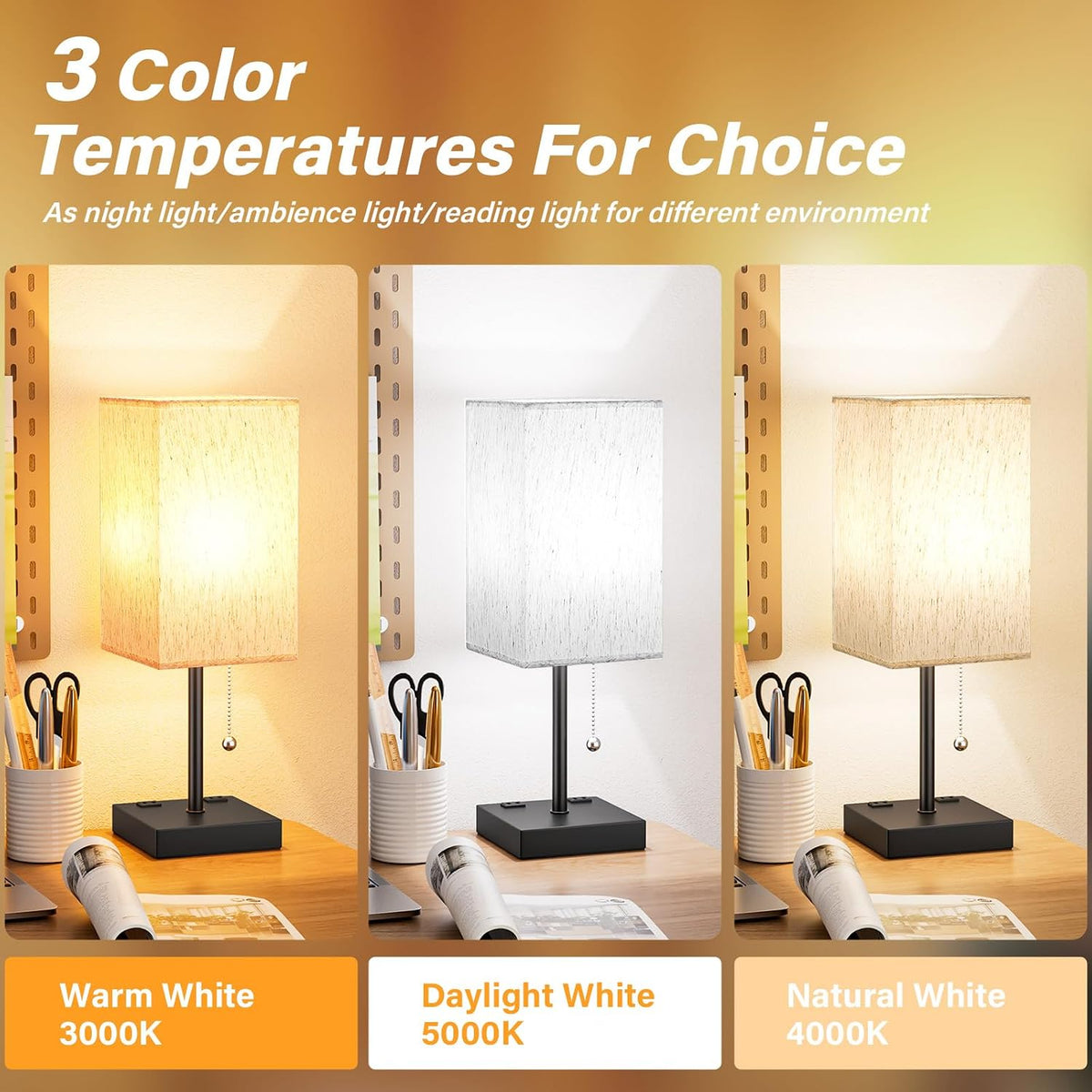 Wood-Grain Small Bedside Lamp for Bedroom - Square Cream Fabric Shade
