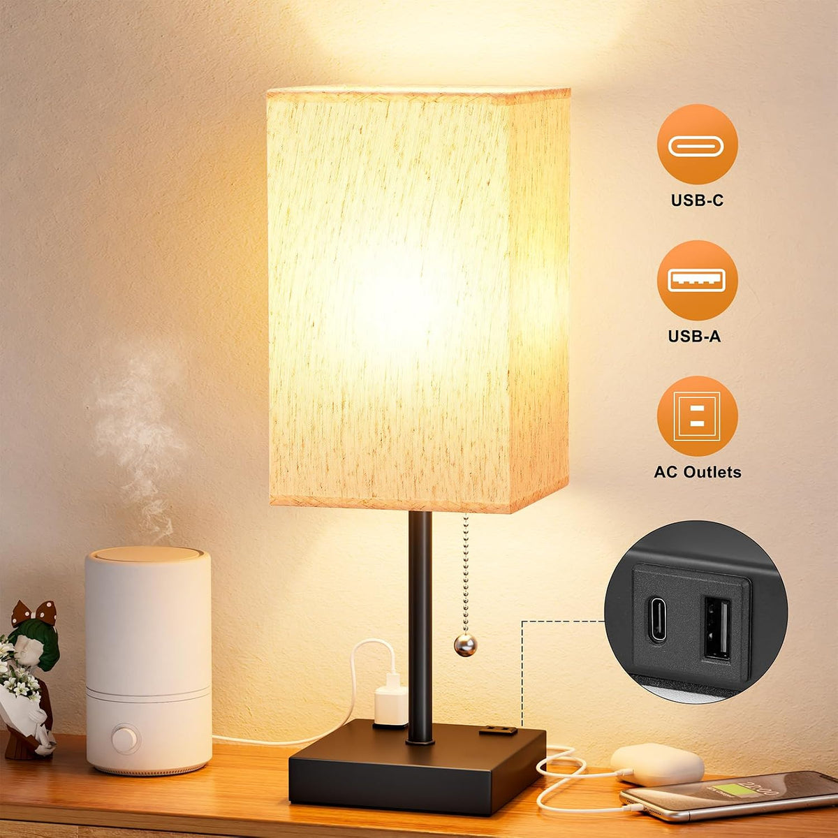 Wood-Grain Small Bedside Lamp for Bedroom - Square Cream Fabric Shade