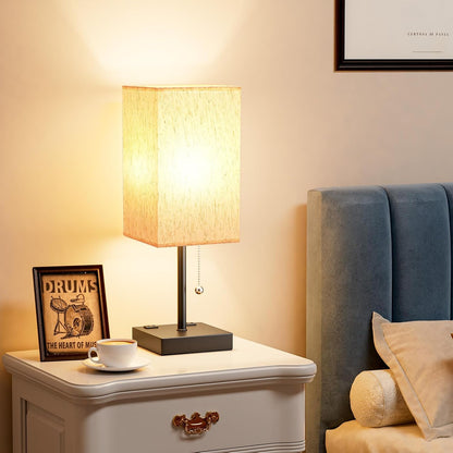 Wood-Grain Small Bedside Lamp for Bedroom - Square Cream Fabric Shade