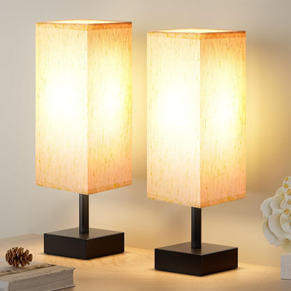 Wood-Grain Small Bedside Lamp for Bedroom - Square Cream Fabric Shade