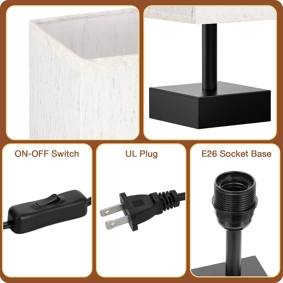 Wood-Grain Small Bedside Lamp for Bedroom - Square Cream Fabric Shade
