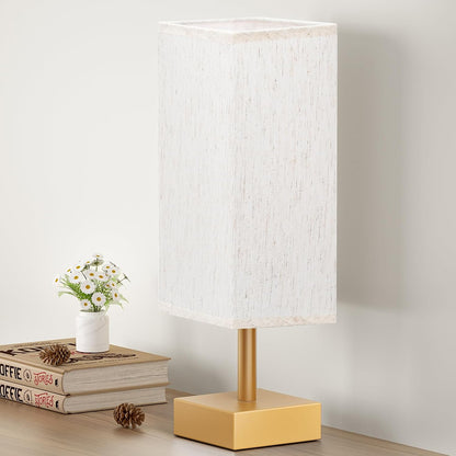 Wood-Grain Small Bedside Lamp for Bedroom - Square Cream Fabric Shade
