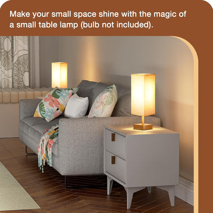 Wood-Grain Small Bedside Lamp for Bedroom - Square Cream Fabric Shade