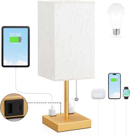 Wood-Grain Small Bedside Lamp for Bedroom - Square Cream Fabric Shade