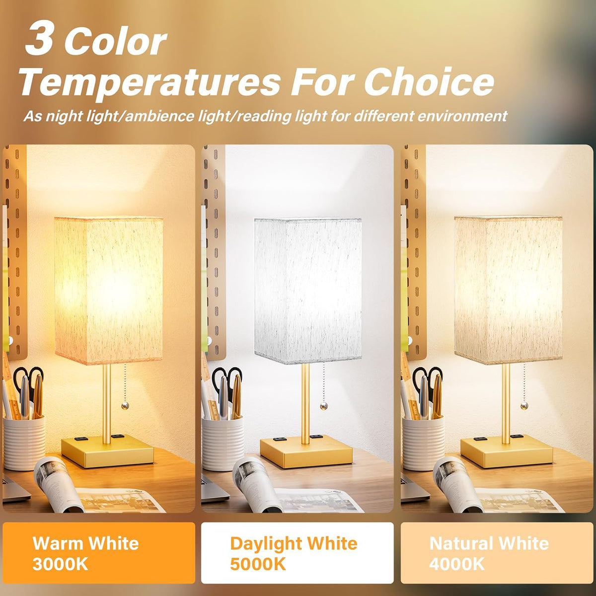 Wood-Grain Small Bedside Lamp for Bedroom - Square Cream Fabric Shade