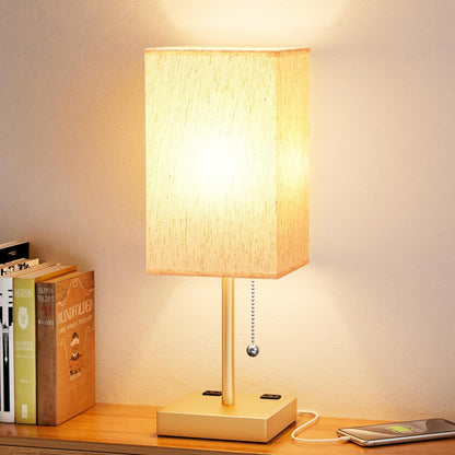 Wood-Grain Small Bedside Lamp for Bedroom - Square Cream Fabric Shade