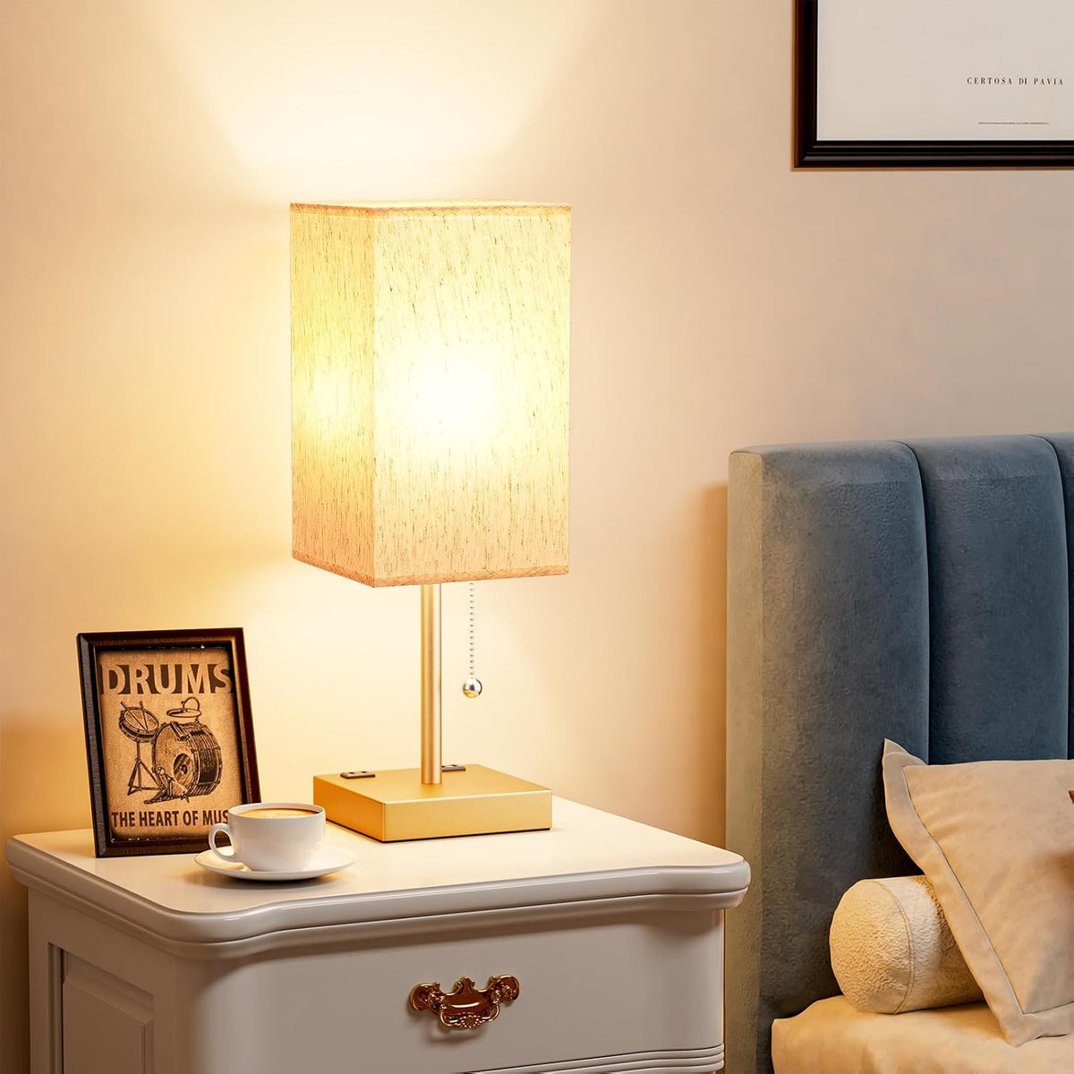 Wood-Grain Small Bedside Lamp for Bedroom - Square Cream Fabric Shade