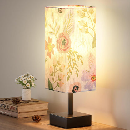 Wood-Grain Small Bedside Lamp for Bedroom - Square Cream Fabric Shade
