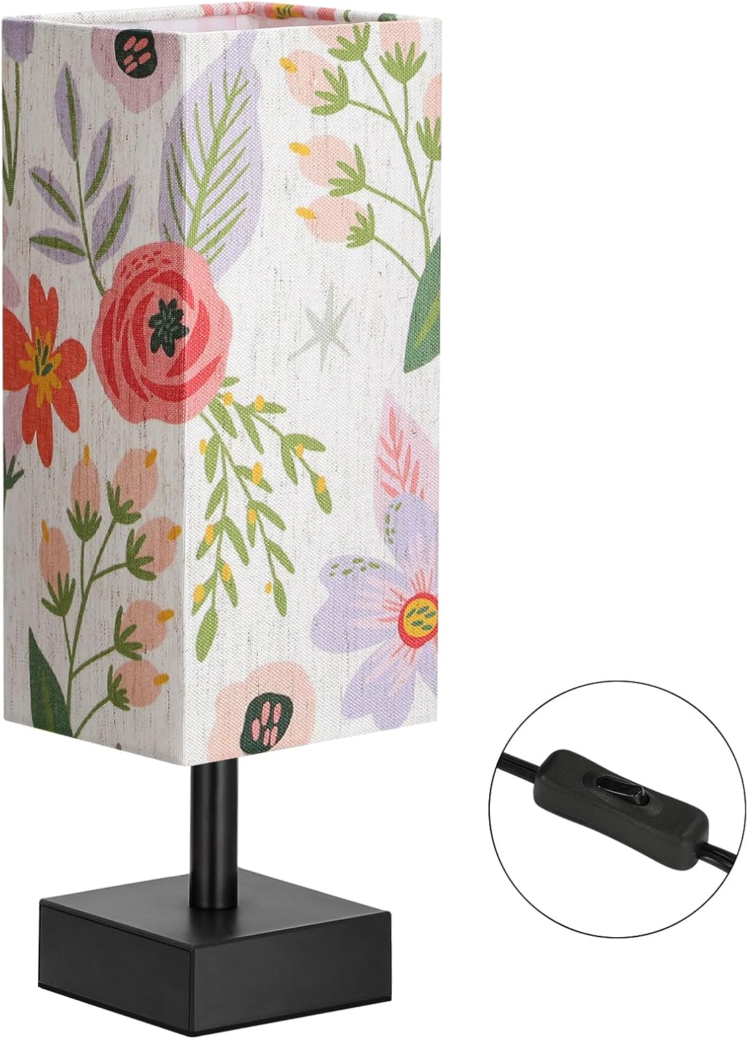 Wood-Grain Small Bedside Lamp for Bedroom - Square Cream Fabric Shade