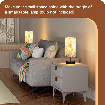 Wood-Grain Small Bedside Lamp for Bedroom - Square Cream Fabric Shade