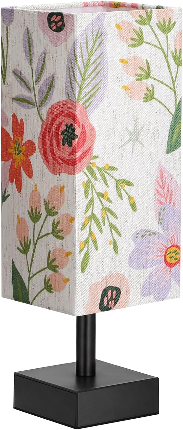 Wood-Grain Small Bedside Lamp for Bedroom - Square Cream Fabric Shade