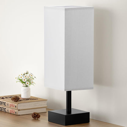 Wood-Grain Small Bedside Lamp for Bedroom - Square Cream Fabric Shade