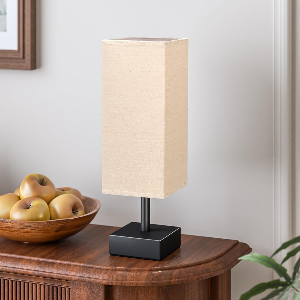 Wood-Grain Small Bedside Lamp for Bedroom - Square Cream Fabric Shade