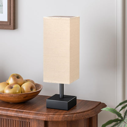 Wood-Grain Small Bedside Lamp for Bedroom - Square Cream Fabric Shade