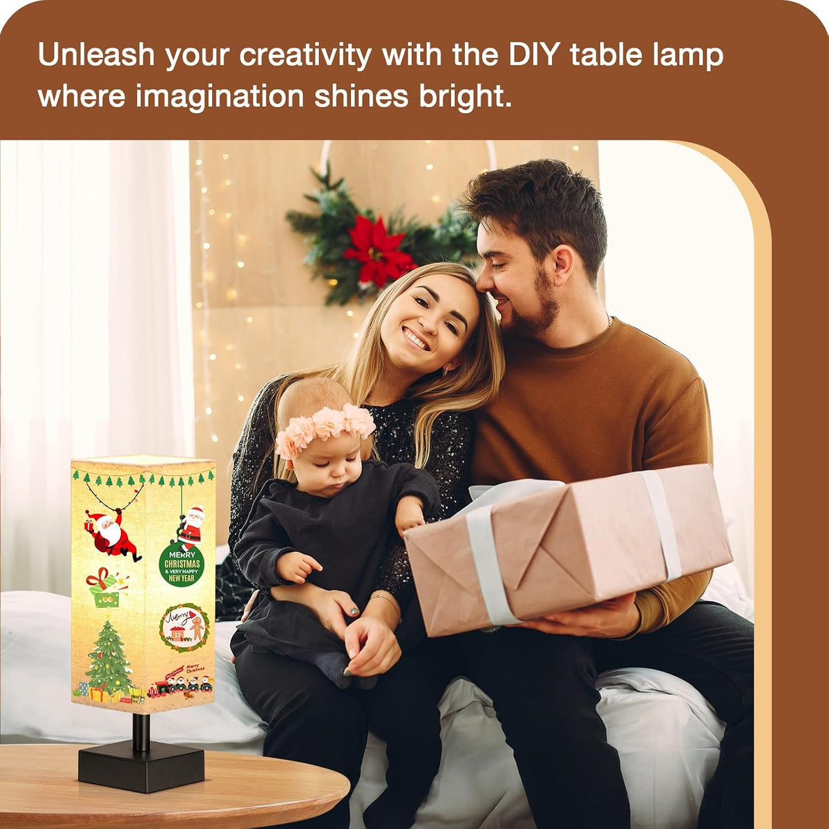 Wood-Grain Small Bedside Lamp for Bedroom - Square Cream Fabric Shade