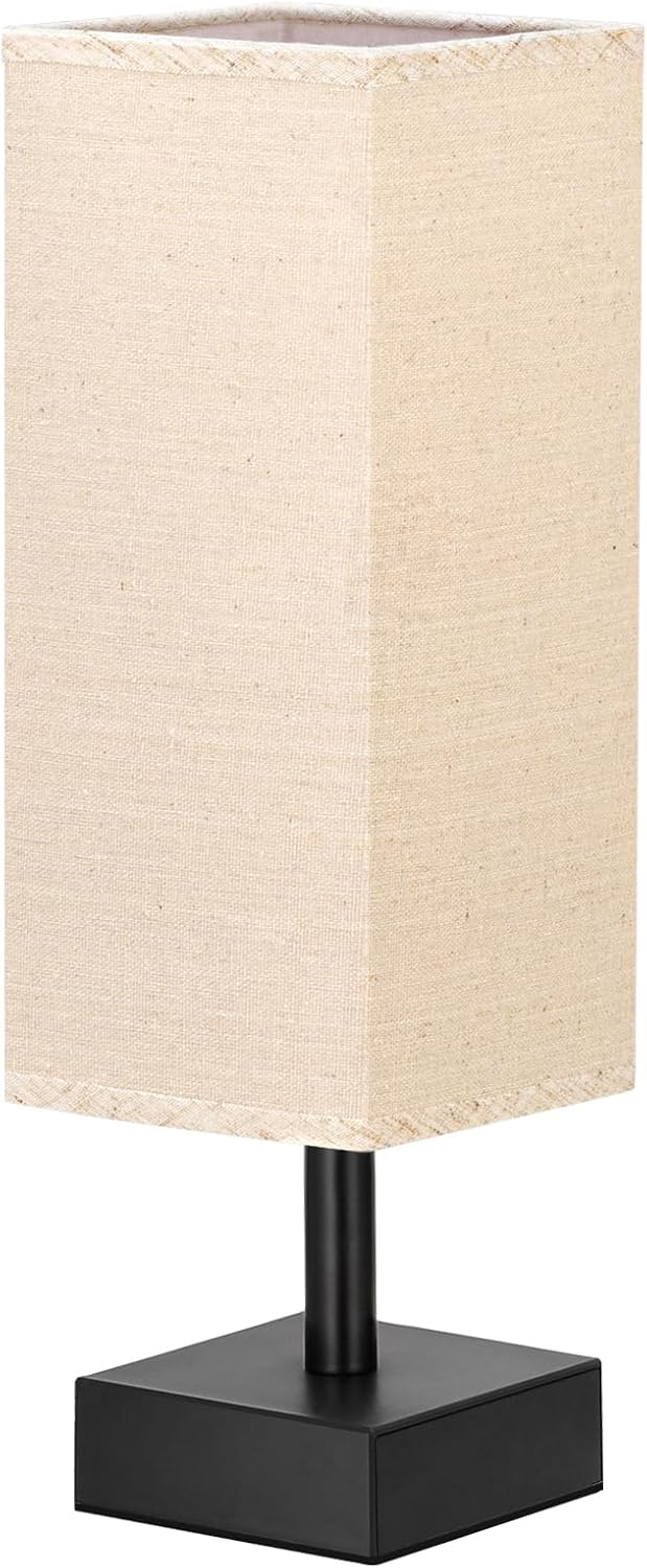 Wood-Grain Small Bedside Lamp for Bedroom - Square Cream Fabric Shade
