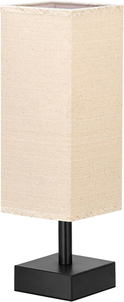 Wood-Grain Small Bedside Lamp for Bedroom - Square Cream Fabric Shade