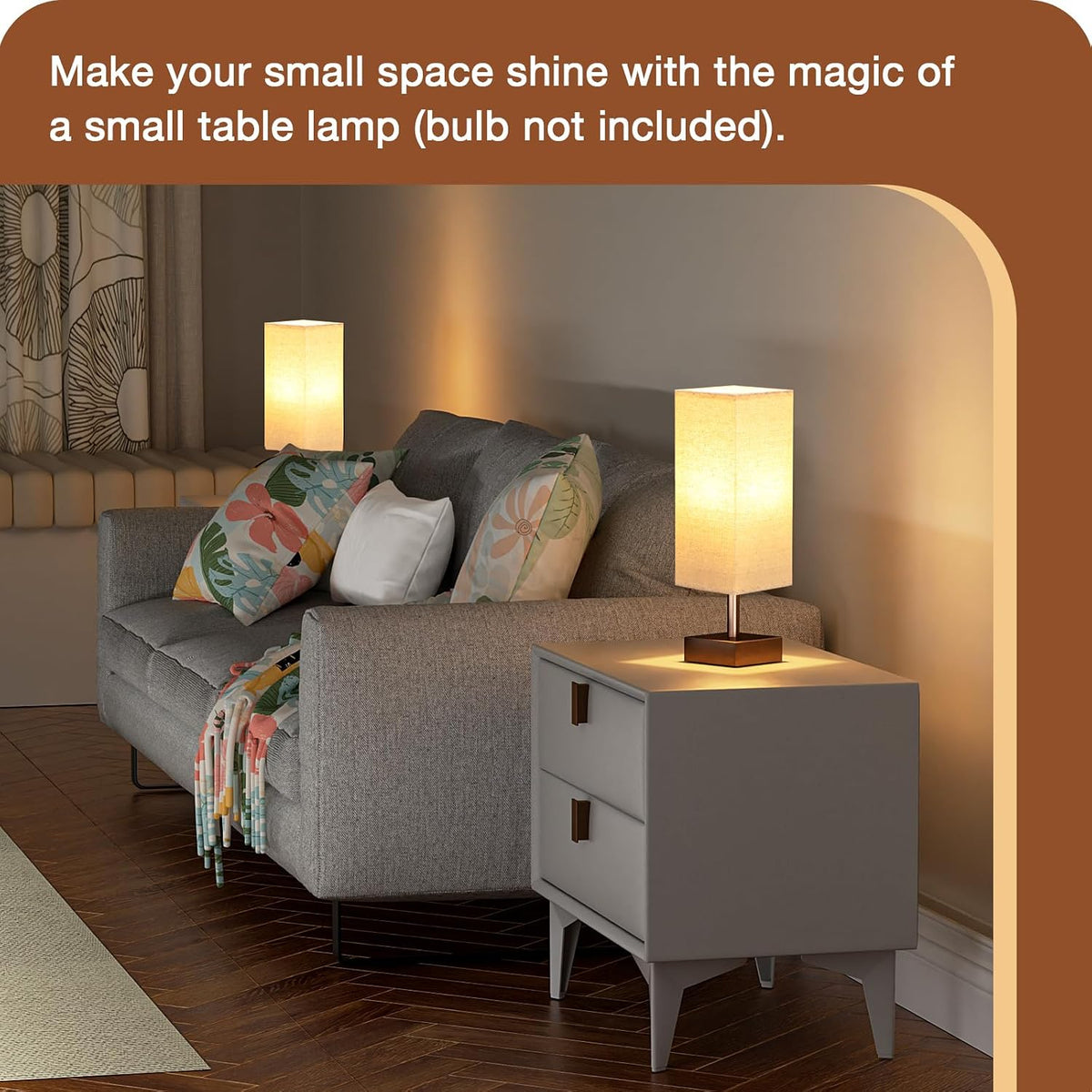 Wood-Grain Small Bedside Lamp for Bedroom - Square Cream Fabric Shade