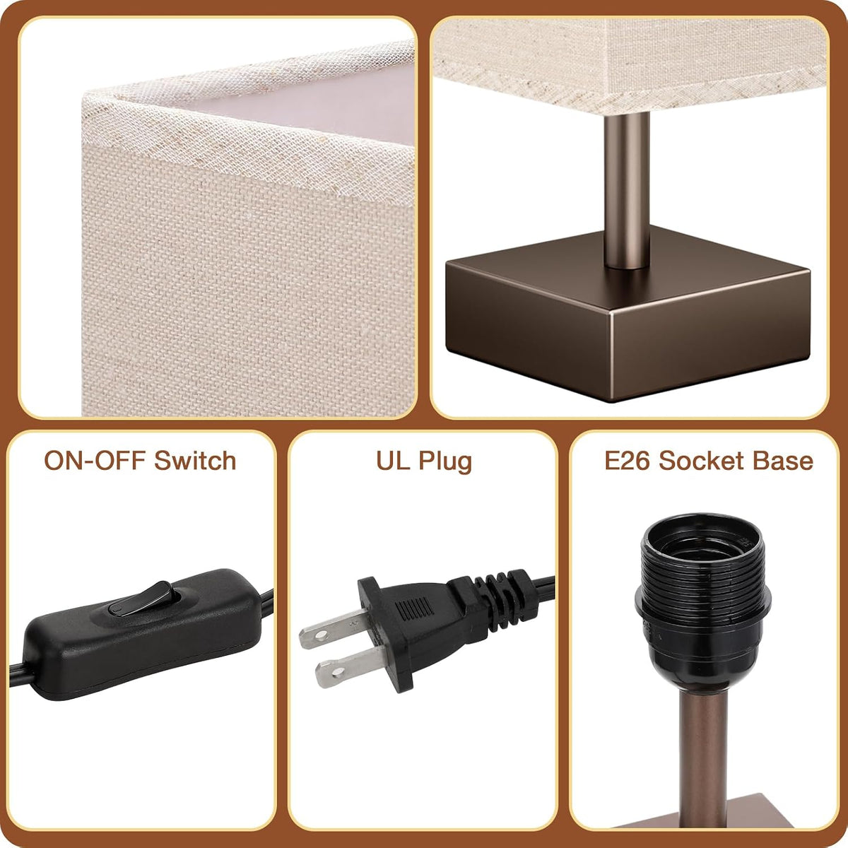 Wood-Grain Small Bedside Lamp for Bedroom - Square Cream Fabric Shade