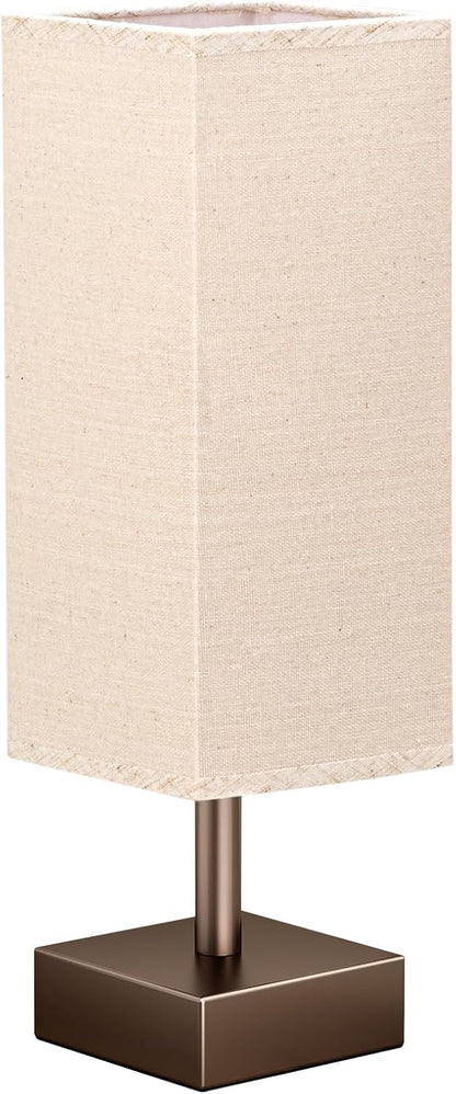 Wood-Grain Small Bedside Lamp for Bedroom - Square Cream Fabric Shade