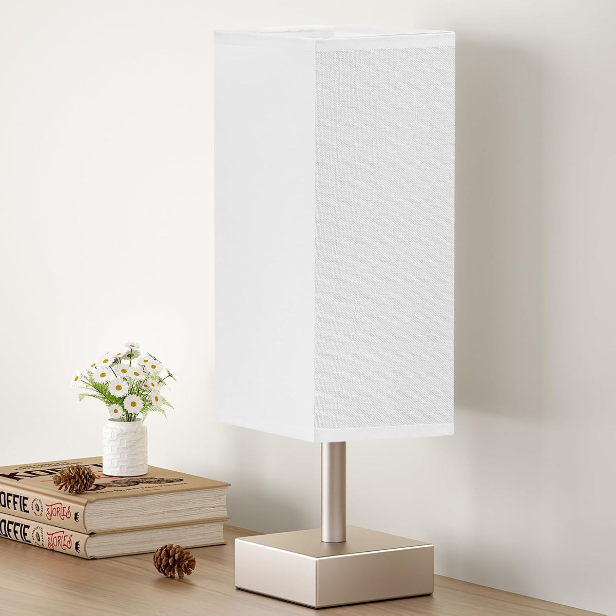 Wood-Grain Small Bedside Lamp for Bedroom - Square Cream Fabric Shade