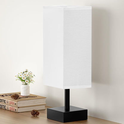 Wood-Grain Small Bedside Lamp for Bedroom - Square Cream Fabric Shade
