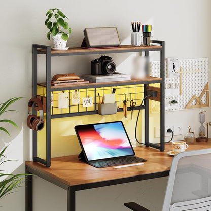 Desktop Bookcase, 2-Tier Desktop Organizer, 29.9" Wooden Office Storage Rack with Outlets, Display Shelf Rack with Light Strip, Desk Hutch for Office, Rustic Brown BF11UDSJ01
