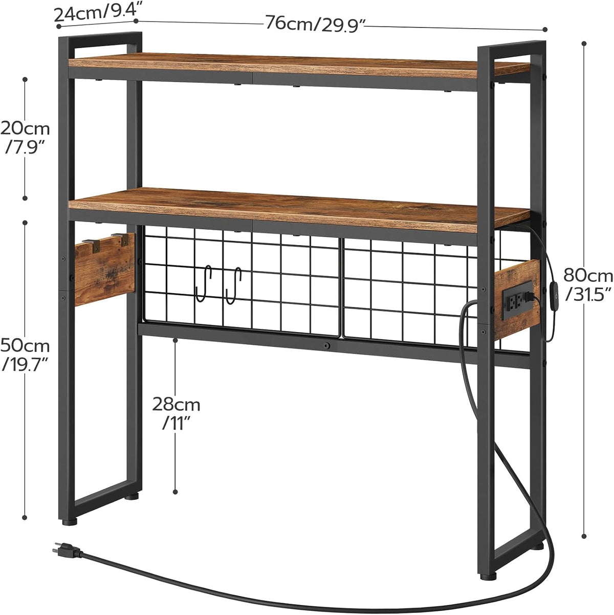 Desktop Bookcase, 2-Tier Desktop Organizer, 29.9" Wooden Office Storage Rack with Outlets, Display Shelf Rack with Light Strip, Desk Hutch for Office, Rustic Brown BF11UDSJ01