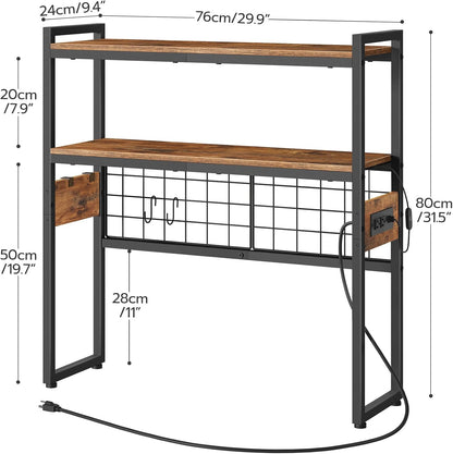 Desktop Bookcase, 2-Tier Desktop Organizer, 29.9" Wooden Office Storage Rack with Outlets, Display Shelf Rack with Light Strip, Desk Hutch for Office, Rustic Brown BF11UDSJ01