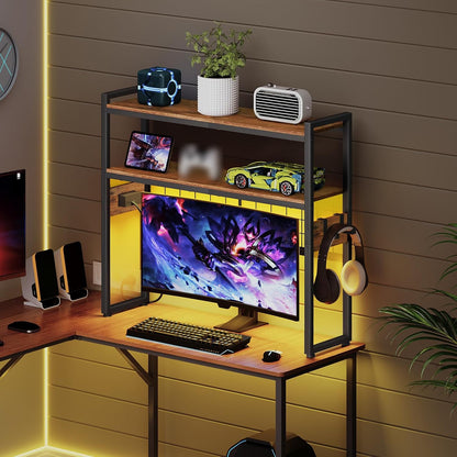 Desktop Bookcase, 2-Tier Desktop Organizer, 29.9" Wooden Office Storage Rack with Outlets, Display Shelf Rack with Light Strip, Desk Hutch for Office, Rustic Brown BF11UDSJ01
