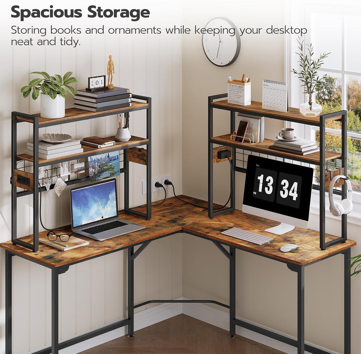 Desktop Bookcase, 2-Tier Desktop Organizer, 29.9" Wooden Office Storage Rack with Outlets, Display Shelf Rack with Light Strip, Desk Hutch for Office, Rustic Brown BF11UDSJ01