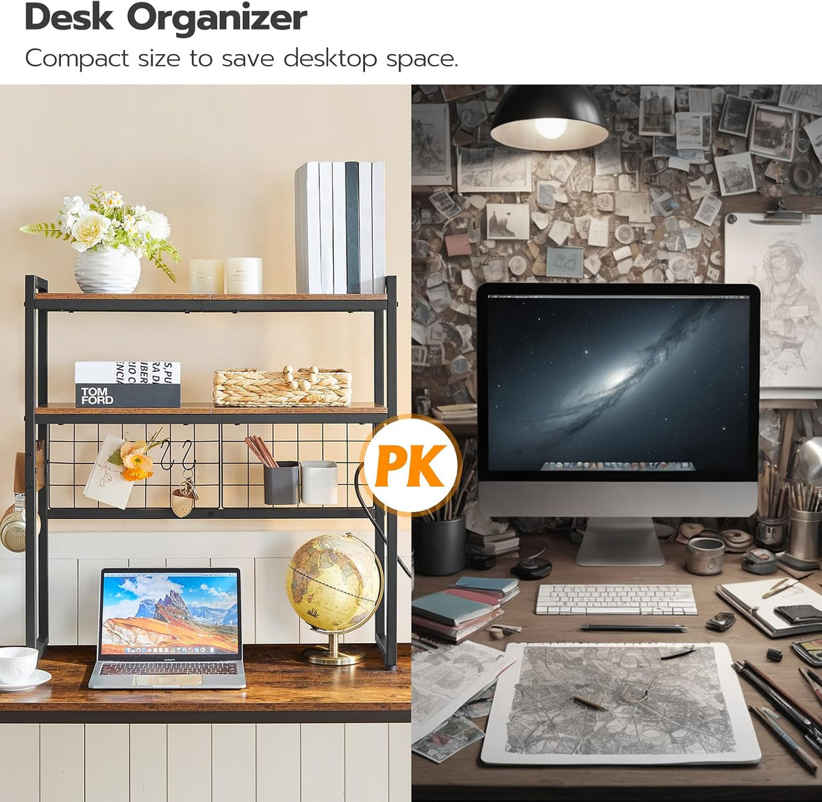 Desktop Bookcase, 2-Tier Desktop Organizer, 29.9" Wooden Office Storage Rack with Outlets, Display Shelf Rack with Light Strip, Desk Hutch for Office, Rustic Brown BF11UDSJ01
