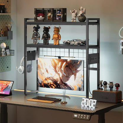 Desktop Bookcase, 2-Tier Desktop Organizer, 29.9" Wooden Office Storage Rack with Outlets, Display Shelf Rack with Light Strip, Desk Hutch for Office, Rustic Brown BF11UDSJ01