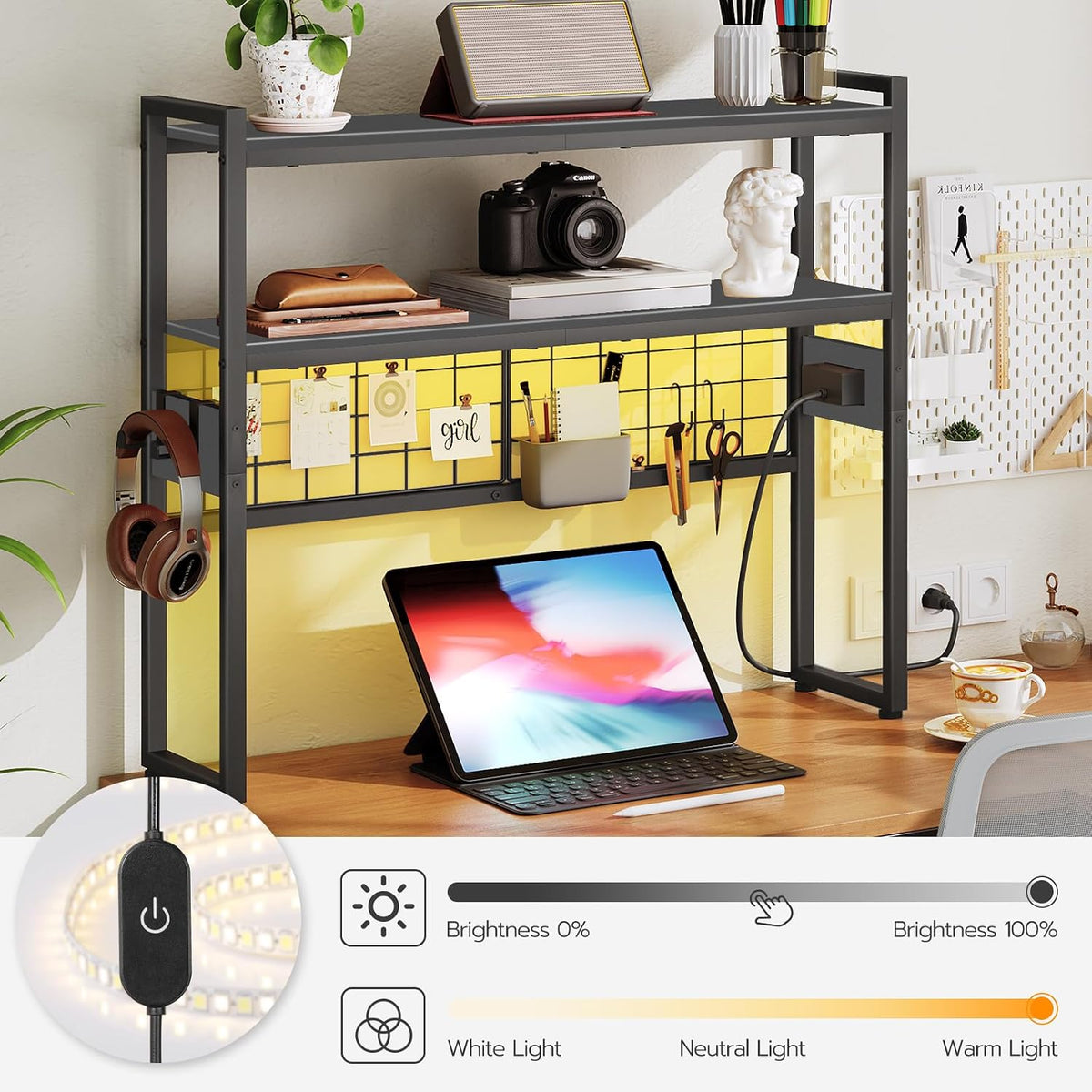 Desktop Bookcase, 2-Tier Desktop Organizer, 29.9" Wooden Office Storage Rack with Outlets, Display Shelf Rack with Light Strip, Desk Hutch for Office, Rustic Brown BF11UDSJ01