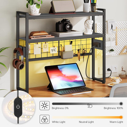 Desktop Bookcase, 2-Tier Desktop Organizer, 29.9" Wooden Office Storage Rack with Outlets, Display Shelf Rack with Light Strip, Desk Hutch for Office, Rustic Brown BF11UDSJ01