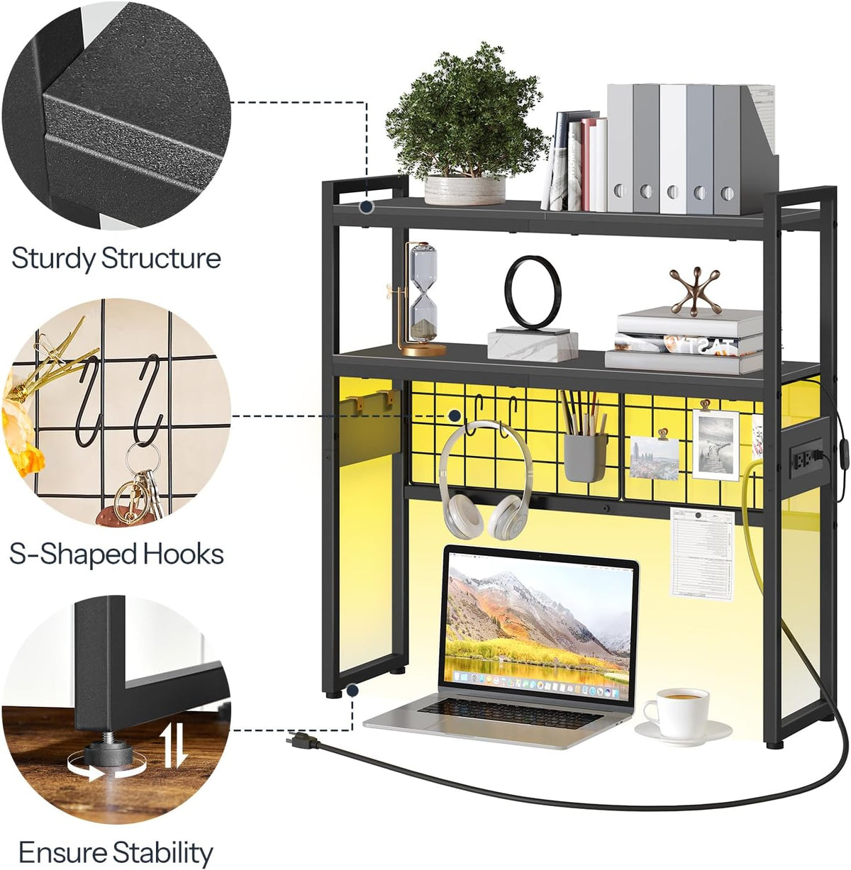 Desktop Bookcase, 2-Tier Desktop Organizer, 29.9" Wooden Office Storage Rack with Outlets, Display Shelf Rack with Light Strip, Desk Hutch for Office, Rustic Brown BF11UDSJ01