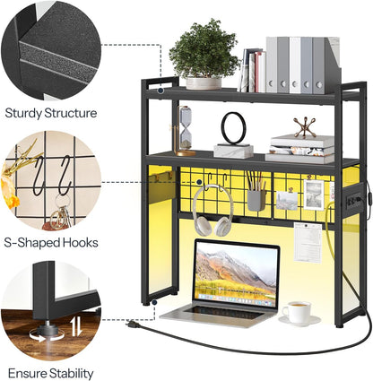 Desktop Bookcase, 2-Tier Desktop Organizer, 29.9" Wooden Office Storage Rack with Outlets, Display Shelf Rack with Light Strip, Desk Hutch for Office, Rustic Brown BF11UDSJ01