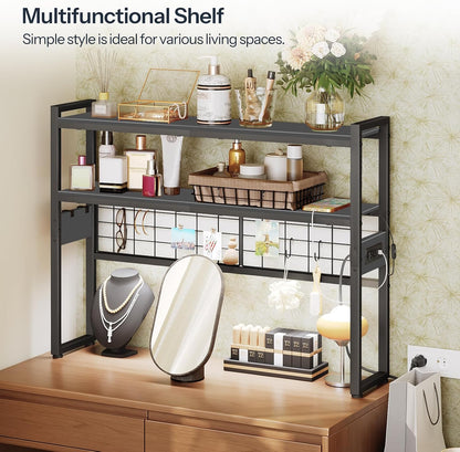 Desktop Bookcase, 2-Tier Desktop Organizer, 29.9" Wooden Office Storage Rack with Outlets, Display Shelf Rack with Light Strip, Desk Hutch for Office, Rustic Brown BF11UDSJ01