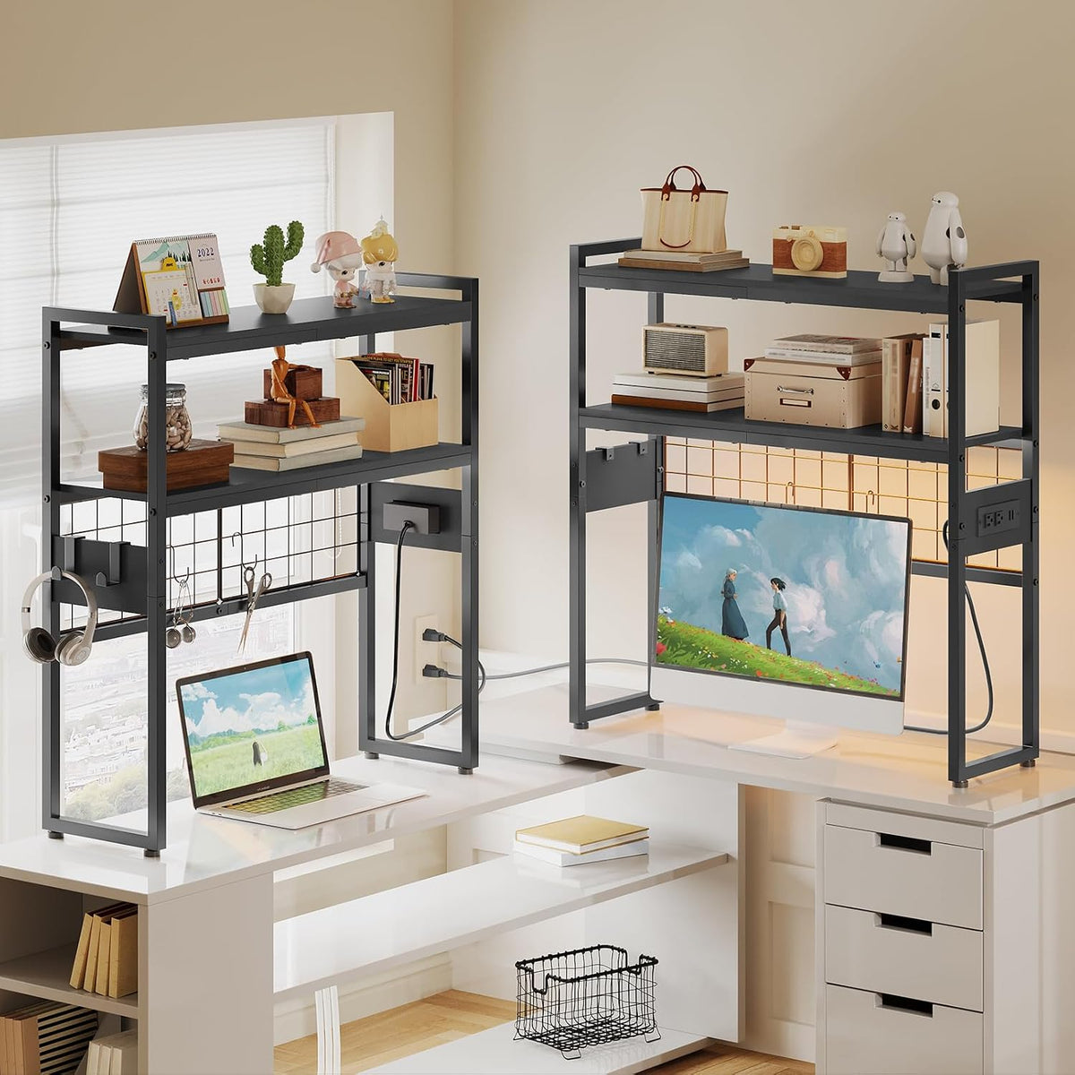 Desktop Bookcase, 2-Tier Desktop Organizer, 29.9" Wooden Office Storage Rack with Outlets, Display Shelf Rack with Light Strip, Desk Hutch for Office, Rustic Brown BF11UDSJ01
