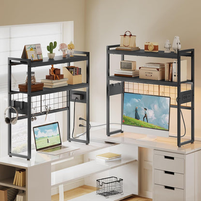 Desktop Bookcase, 2-Tier Desktop Organizer, 29.9" Wooden Office Storage Rack with Outlets, Display Shelf Rack with Light Strip, Desk Hutch for Office, Rustic Brown BF11UDSJ01