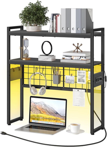 Desktop Bookcase, 2-Tier Desktop Organizer, 29.9" Wooden Office Storage Rack with Outlets, Display Shelf Rack with Light Strip, Desk Hutch for Office, Rustic Brown BF11UDSJ01