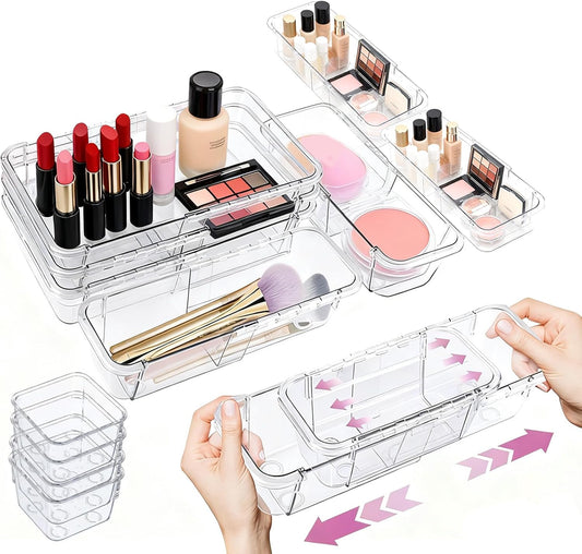 16 Pcs Upgraded Extendable Clear Drawer Organizer, Adjustable Vanity Storage Box, 3-Size Desk Drawer Organizer, Durable Storage Bins for Makeup, Cosmetic, Bedroom Dressers Tool Organizer for Gadgets