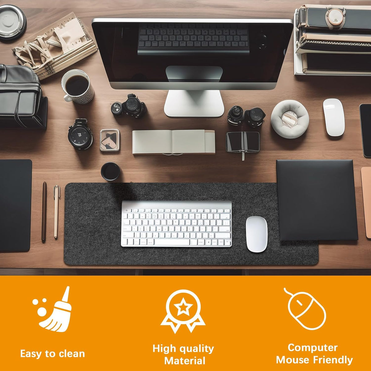 2 Pcs Large Felt Desk mat 36x12 inches, with Non-Slip Full Desk Mouse Pad,Office Computer Desk Mat for Keyboard,Felt Desk Mat for Desk Pad Protector (Dark Gray)