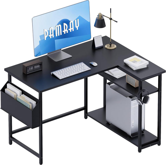 40 Inch L Shaped Computer Desk with Reversible Side Storage Shelves, Small Corner Desk for Small Space Home Office, Writing Study Table PC Desk for Bedroom, Black