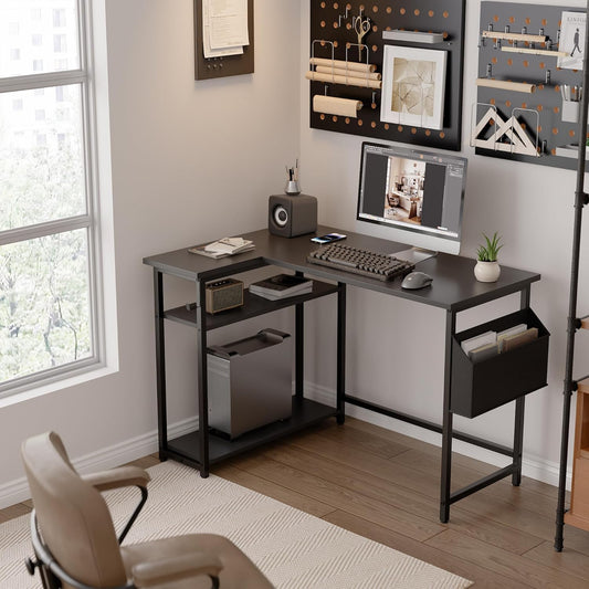 40 Inch L Shaped Computer Desk with Reversible Side Storage Shelves, Small Corner Desk for Small Space Home Office, Writing Study Table PC Desk for Bedroom, Black